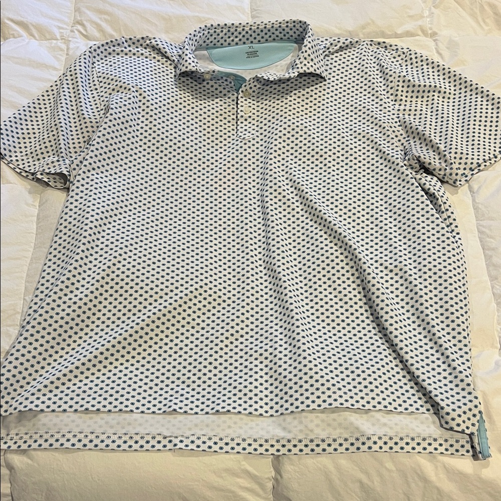 johnnie-O White and Blue Polka Dot Polo
Small stain as pictured on the back